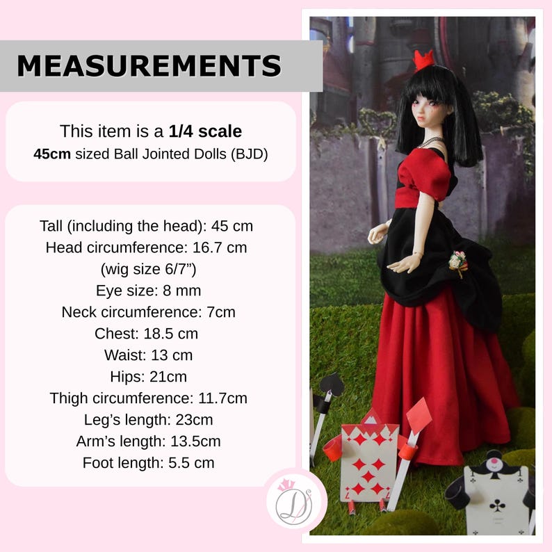 May include: A 45 cm tall Ball Jointed Doll (BJD) in a red and black dress with a small red crown. The doll has black hair and is posed with playing card decorations. Measurements include a 18.5 cm chest and 13 cm waist.