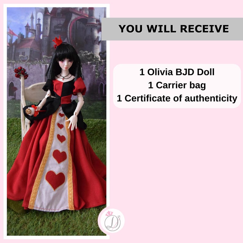May include: A BJD doll in a red and black dress with heart accents, a red crown, and black hair. The doll is posed on a small chair with a floral arrangement. The image includes text that reads "YOU WILL RECEIVE" and lists the doll, a carrier bag, and a certificate.
