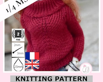 May include: A deep red knitted turtleneck sweater for a 1/4 MSD doll. The image includes text reading 1/4 MSD and KNITTING PATTERN Turtleneck Sweater, along with icons indicating fine weight yarn, 2mm to 3mm needles, and a 2.5mm crochet hook.