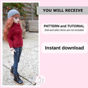 May include: A doll wearing a gray knit hat, a red turtleneck sweater, blue jeans, and black boots. The image includes text that reads "YOU WILL RECEIVE", "PATTERN and TUTORIAL", and "Instant download".