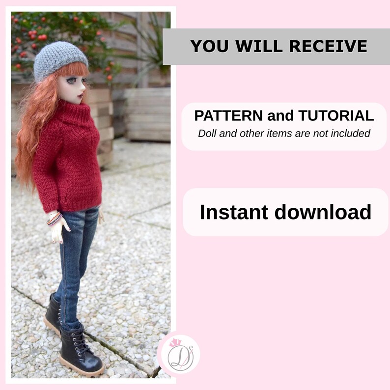 May include: A doll wearing a gray knit hat, a red turtleneck sweater, blue jeans, and black boots. The image includes text that reads "YOU WILL RECEIVE", "PATTERN and TUTORIAL", and "Instant download".