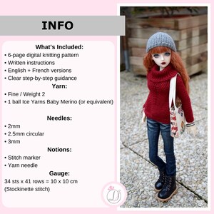 May include: A doll wearing a knitted red sweater, gray beanie, and blue jeans, carrying a tote bag. The image includes text detailing a digital knitting pattern with English and French versions, yarn, needles, and gauge information.