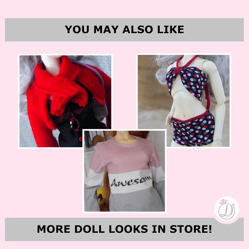 以下が含まれることがあります： 人形の服のコラージュ。画像には、赤いセーター、ネイビーブルーと白のドット柄のツーピース水着、そして「Awesome」という文字がプリントされたピンク、白、グレーのシャツが含まれています。「YOU MAY ALSO LIKE」と「MORE DOLL LOOKS IN STORE！」の文字も表示されています。