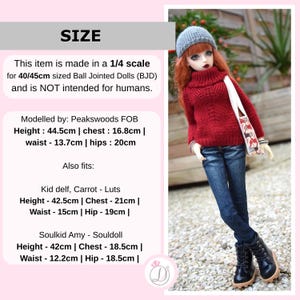 May include: A doll wearing a red sweater, blue jeans, and black boots, with a gray beanie and a patterned bag. The doll is 44.5cm tall, with a 16.8cm chest, 13.7cm waist, and 20cm hips. The item is made for 40/45cm Ball Jointed Dolls.