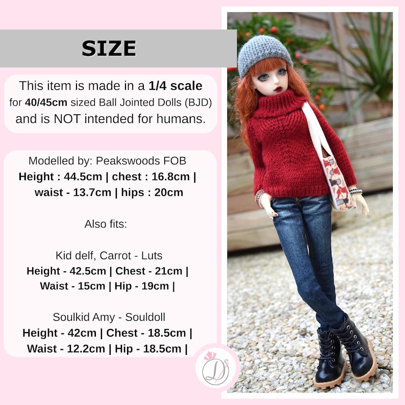 May include: A doll wearing a red sweater, blue jeans, and black boots, with a gray beanie and a patterned bag. The doll is 44.5cm tall, with a 16.8cm chest, 13.7cm waist, and 20cm hips. The item is made for 40/45cm Ball Jointed Dolls.