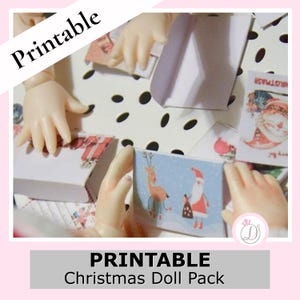 May include: A collection of miniature Christmas-themed cards and gift boxes, featuring festive illustrations of Santa Claus, reindeer, and wrapped presents. The words "Printable" and "Christmas Doll Pack" are displayed.