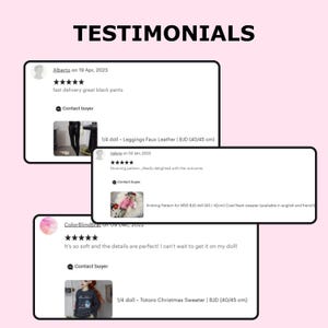 May include: Image of customer testimonials on a pink background. The testimonials include positive feedback about doll clothing and patterns, with product images and customer names.