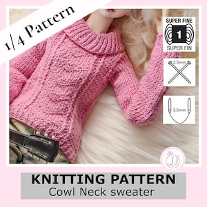 May include: A pink cowl neck sweater, part of a knitting pattern. The sweater features a textured knit design and a wide, folded collar. The image includes text that reads "KNITTING PATTERN" and "Cowl Neck sweater."