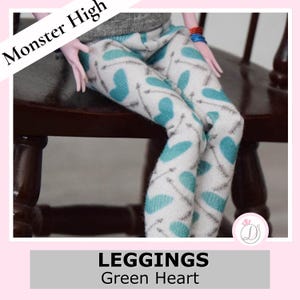 Monster High Doll Green Heart Leggings | BJD Stretch Pants | Printed MH Doll Clothes