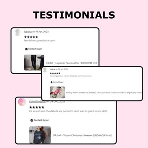 May include: Image of customer testimonials on a pink background. The text "TESTIMONIALS" is at the top. Three customer reviews are displayed, each with a rating and a comment about the product. The reviews include images of the products.
