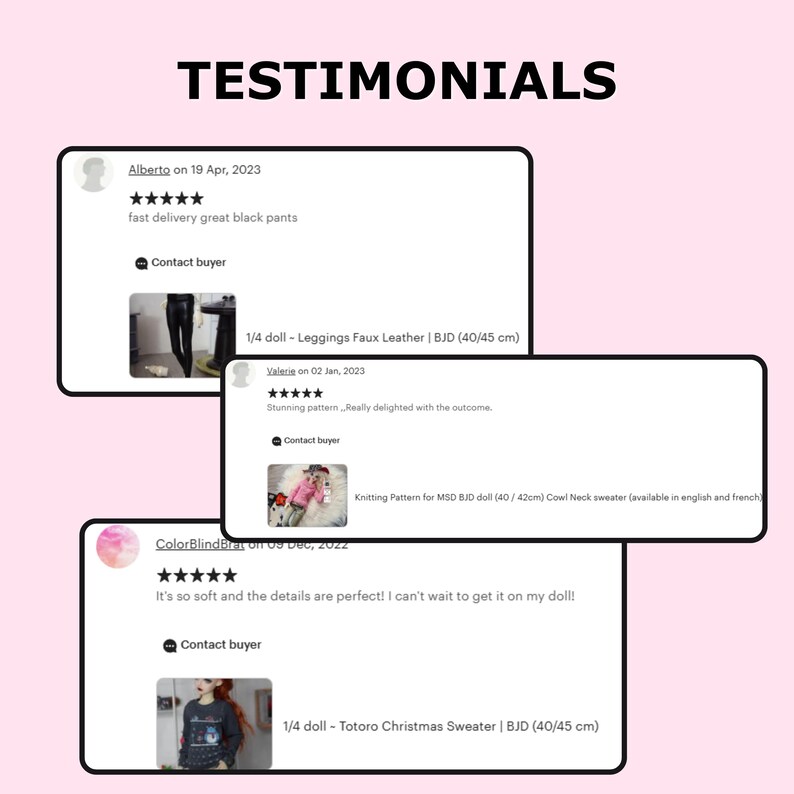 May include: Image of customer testimonials on a pink background. The text "TESTIMONIALS" is at the top. Three customer reviews are displayed, each with a rating and a comment about the product. The reviews include images of the products.