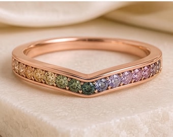 Rainbow Sapphire Wedding Band, Multicolor Gemstone Eternity Ring, Sterling Silver Anniversary Band