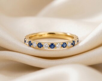 Blue Sapphire Diamond Eternity Band Ring, Sterling Silver Stackable Wedding Anniversary Band