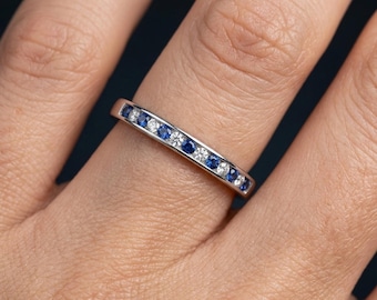 Blue Sapphire Diamond Half Eternity Ring, Sterling Silver Stackable Band, September Birthstone