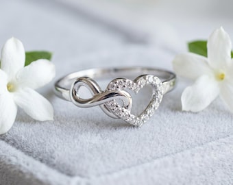 Sterling Silver Heart Infinity Ring, Sparkling Accent Stones, Romantic Jewelry