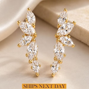CZ Diamond Climber Earrings, Marquise Cubic Zirconia Earrings, Gold Leaf Ear Crawler, Bridal Earrings, Gift for Wife
