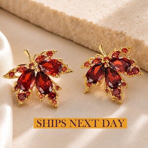 Red Maple Leaf Earrings, Autumn Leaf Stud Earrings, Red Crystal Earrings, Nature Inspired Jewelry, Gift for Her, Halloween Gift