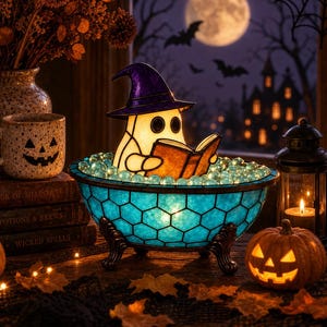 May include: A stained glass lamp shaped like a ghost wearing a purple witch hat and reading a book, sitting in a blue honeycomb-patterned clawfoot tub filled with glass spheres. The lamp emits a warm glow, creating a festive Halloween atmosphere.