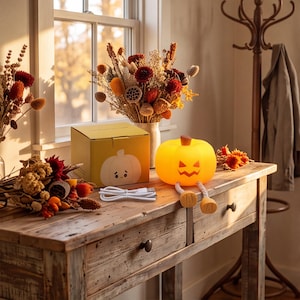 May include: A glowing orange jack-o'-lantern lamp with dangling legs, a yellow cardboard box featuring a pumpkin illustration, and a white USB charging cable. The lamp has a carved face and sits on a wooden surface near dried flowers.