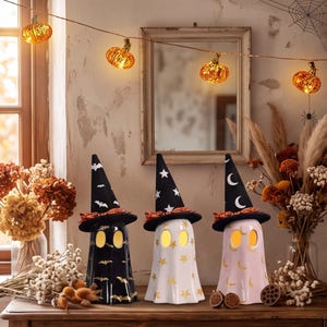 Resin Halloween Ghost Lamp Witch Hat Accent Warm Glowing Eyes for Spooky Season Evenings