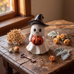 May include: A white ceramic ghost figurine wearing a black witch hat and holding a small orange jack-o'-lantern with a carved face. The ghost has a smooth finish, simple black eyes, and a small smile, standing upright on a wooden surface.