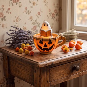 May include: A ceramic mug shaped like a jack-o'-lantern with a carved face, featuring a small white ghost figurine reading a book inside. The mug is orange with black details, accompanied by dried lavender, yellow billy balls, and orange flowers.