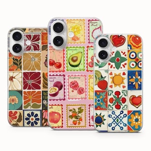 May include: Three clear phone cases featuring distinct grid patterns. The left case displays floral motifs in warm tones. The centre case shows a grid of fruit-themed postage stamps with text labels. The right case features colourful geometric tiles.