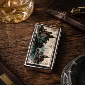 Vintage Parchment Medieval Castle Compass Ink Painting Stainless Steel Cigarette Case, Old Fantasy Map Pocket Smoke Storage Box