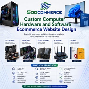 Może przedstawiać: Cyfrowa reklama Sodcommerce przedstawiająca obudowę komputera stacjonarnego, zakrzywiony monitor i oprogramowanie Windows 11 Pro. Zawiera kategorie podzespołów PC, sprzętu do gier, pamięci masowej, sieci i oprogramowania.