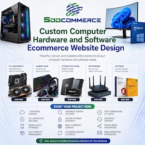以下が含まれることがあります： Sodcommerceのデジタル広告。デスクトップPCタワー、湾曲モニター、Windows 11 Proソフトウェアが掲載されています。PCコンポーネント、ゲーミングギア、ストレージ、ネットワーク、ソフトウェアの各カテゴリーと、プロジェクト開始ボタンが表示されています。