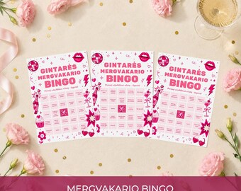 May include: Three identical rectangular bingo game cards with a white background and pink grid. Each card features the text GINTARĖS MERGVAKARIO BINGO, surrounded by pink illustrations of disco balls, lips, champagne, cupcakes, and sunglasses.