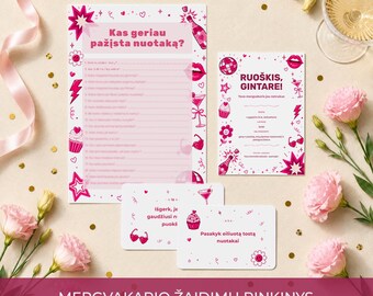 May include: A bachelorette party game set featuring a large questionnaire sheet titled Kas geriau pažįsta nuotaką, an invitation card titled RUOŠKIS, GINTARE, and two smaller game cards, all decorated with pink illustrations of hearts, stars, and drinks.