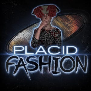 May include: A person wearing a long-sleeved shirt with a black, white, and red geometric pattern, topped with a tan hat featuring red textured accents. The text PLACID FASHION is displayed in large, glowing white letters against a dark background.