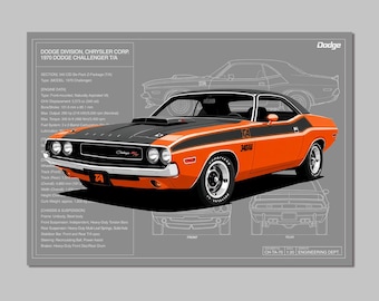 1970 Dodge Challenger T/A Tech Drawing Poster - Classic Muscle Car Blueprint Wall Art