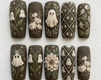 Spooky Botanical Press On Nails | Vintage Halloween Garden Inspired | Dark Olive Square Nails | Ghost Pumpkin Nail | Handmade 3D Nail Art