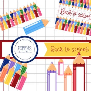 Può includere: Una grafica digitale con file di matite colorate su uno sfondo a griglia bianca. Il testo "Back to school" appare in un carattere corsivo rosso scuro. Un logo circolare contiene "POPPY'S dots" e un banner giallo mostra "Back to school".