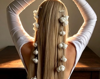 White Tulip Flower Hair Clip, Silver Tassel Pearl Dangle Barrette, Boho Bridal Accessory