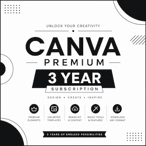 Pode incluir: Um anúncio gráfico em preto e branco para uma assinatura de 3 anos do Canva Premium. O texto diz Unlock Your Creativity, Canva Premium, 3 Year Subscription, Design Create Inspire e 3 Years of Endless Possibilities com cinco ícones.