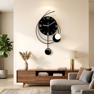 Black Metal Wall Clock, Silent Pendulum, Modern Iron Decor, Battery Operated (11.8 x 20 inches)