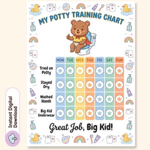 May include: A potty training chart featuring a brown bear on a toilet, the text MY POTTY TRAINING CHART, and Great Job, Big Kid!. The grid includes columns for days of the week and rows for tasks, decorated with icons of ducks, rainbows, and soap.