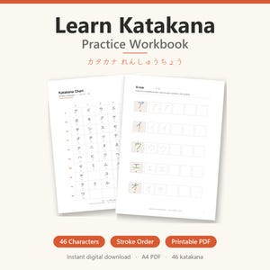 Katakana Practice Workbook Printable PDF | Learn Japanese for Beginners | Stroke Order, All 46 Characters | Kids & Adults Worksheets