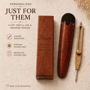 May include: A rectangular wooden box engraved with the name Henry and the text For the hands that drew a lifetime of dreams, a brown leather case with the name Henry, and a brass drafting compass with a pointed tip and adjustment knob.
