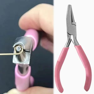 May include: Round nose pliers with a metallic silver finish and light pink rubberized handles. The tool features tapered jaws designed for bending wire into loops, shown in use forming a small circular wire loop on the left side of the image.
