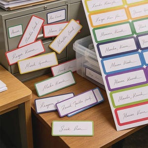 May include: A collection of rectangular adhesive name labels with colourful borders in red, orange, green, blue, and purple. Each white label features a handwritten name in black ink. Some labels are applied to a grey metal cabinet, while others remain on a large white backing sheet or are loose on a wooden surface.