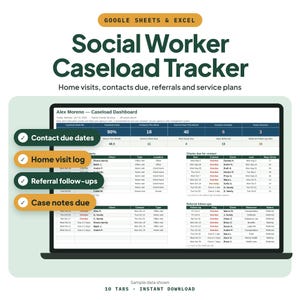 May include: A digital Social Worker Caseload Tracker for Google Sheets and Excel. The dashboard displays metrics like contact due dates, home visit logs, referral follow-ups, and case notes due, featuring tables for client contacts and service plans.