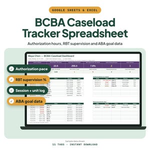 BCBA Caseload Tracker with Authorization Hours, Supervision Log and ABA Goal Data (Google Sheets & Excel)