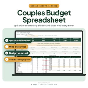 Foglio di calcolo per il budget di coppia, strumento per monitorare le spese condivise con divisione delle bollette al 50/50 o in base al reddito (Fogli Google ed Excel)
