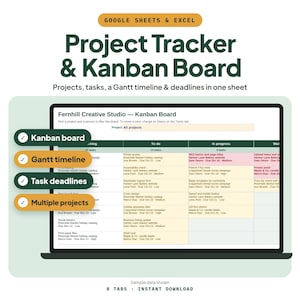 Project Management Spreadsheet with Kanban Board and Gantt Chart for Multiple Projects (Google Sheets & Excel)