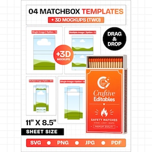May include: A digital template set for 04 matchbox designs with 3D mockups, featuring an orange matchbox with orange-tipped matches. The sheet size is 11 inches by 8.5 inches, including SVG, PNG, JPG, and PDF file formats for drag and drop editing.