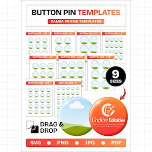 Knappnålsmallpaket, redigerbar Canva-knappmärkesmall, Pinback-knappmall, cirkelmärkes-SVG, sublimerings-Canva-ram